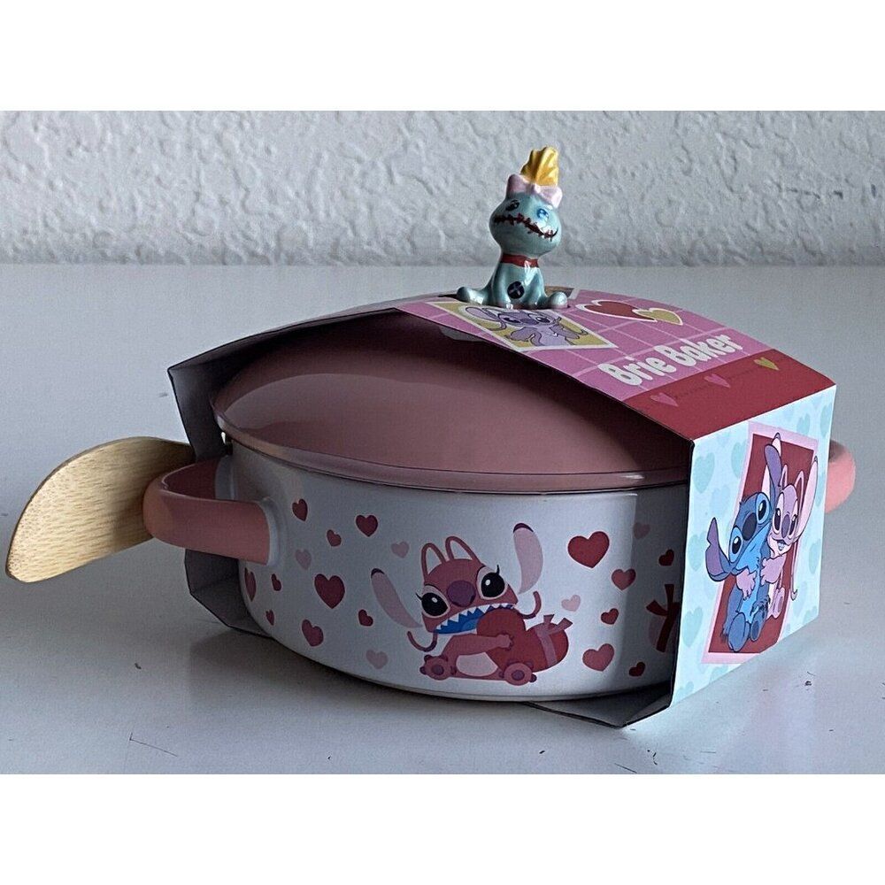 Disney Stitch And Angel Valentines Hearts Ceramic Brie Baker & Wood Spoon NEW